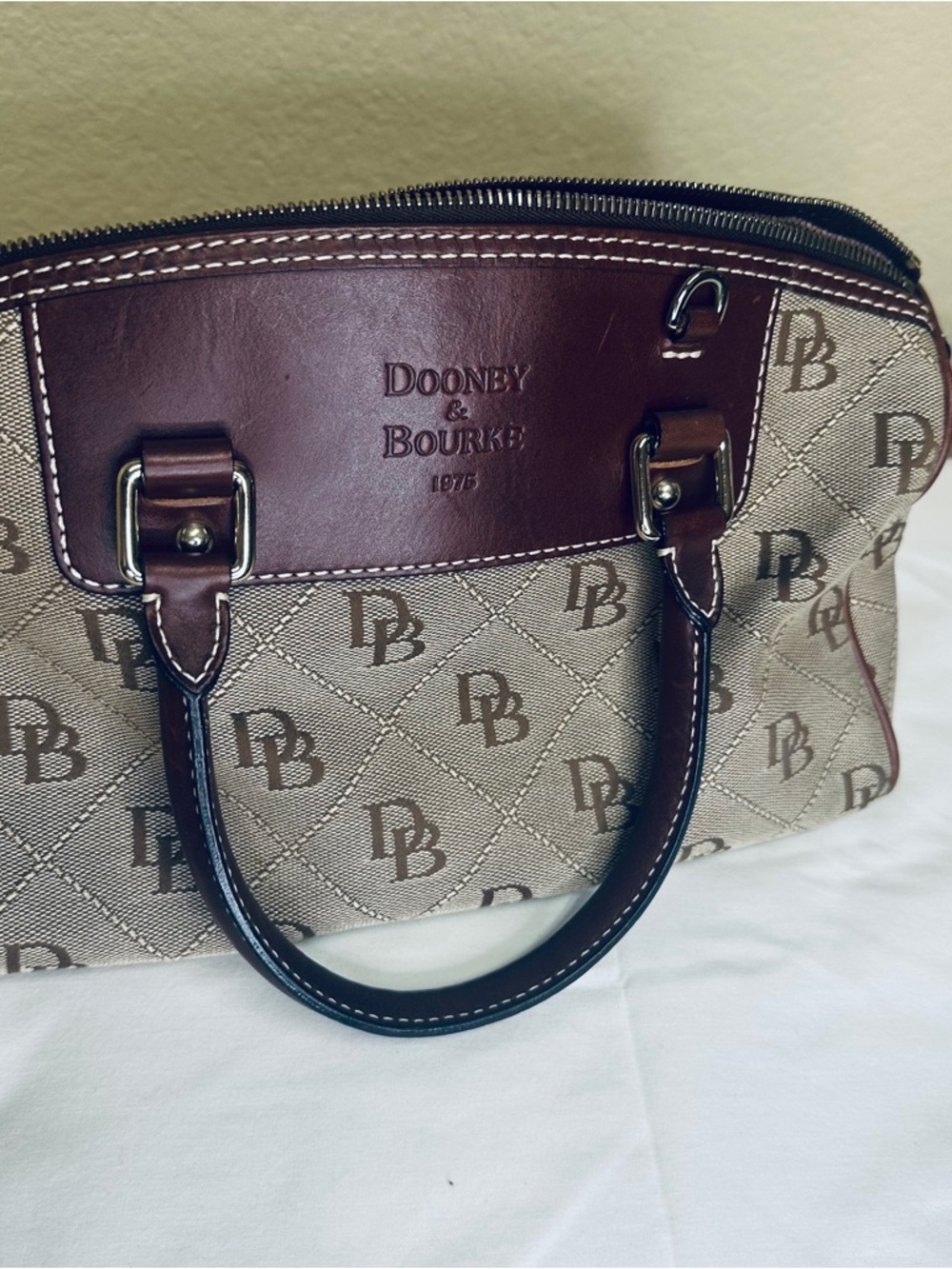 Dooney & Bourke Brown Logo Satchel with Tan Canvas